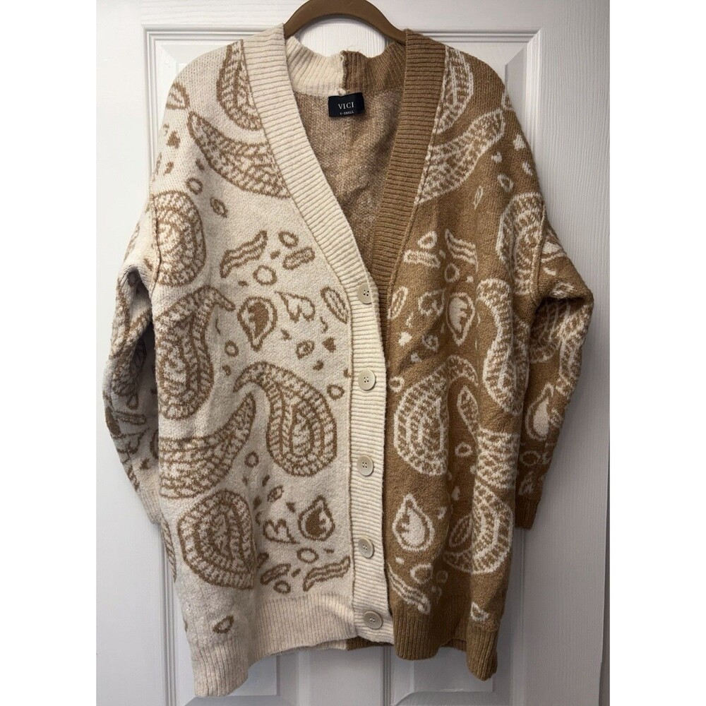 VICI Women’s Polished Ease Paisley Tan/cream OversizedCardigan XS Cozy Warm